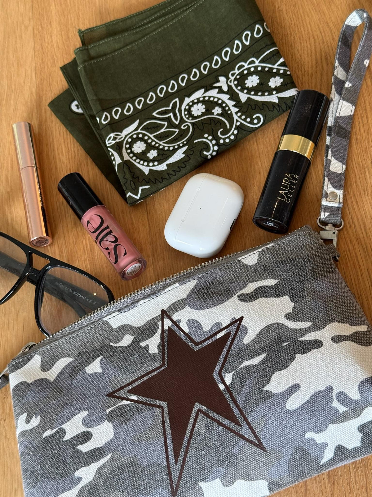 Mini Luxe Clutch Wristlet: Grey Camouflage with Dark Chocolate Star - Quilted Koala
