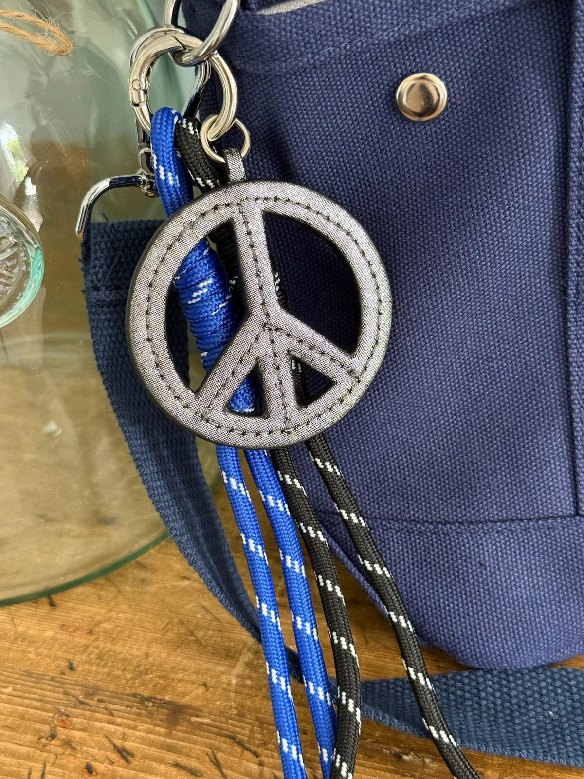 Paracord Bag Charm - Gunmetal Peace Charm with Blue & Black - Quilted Koala