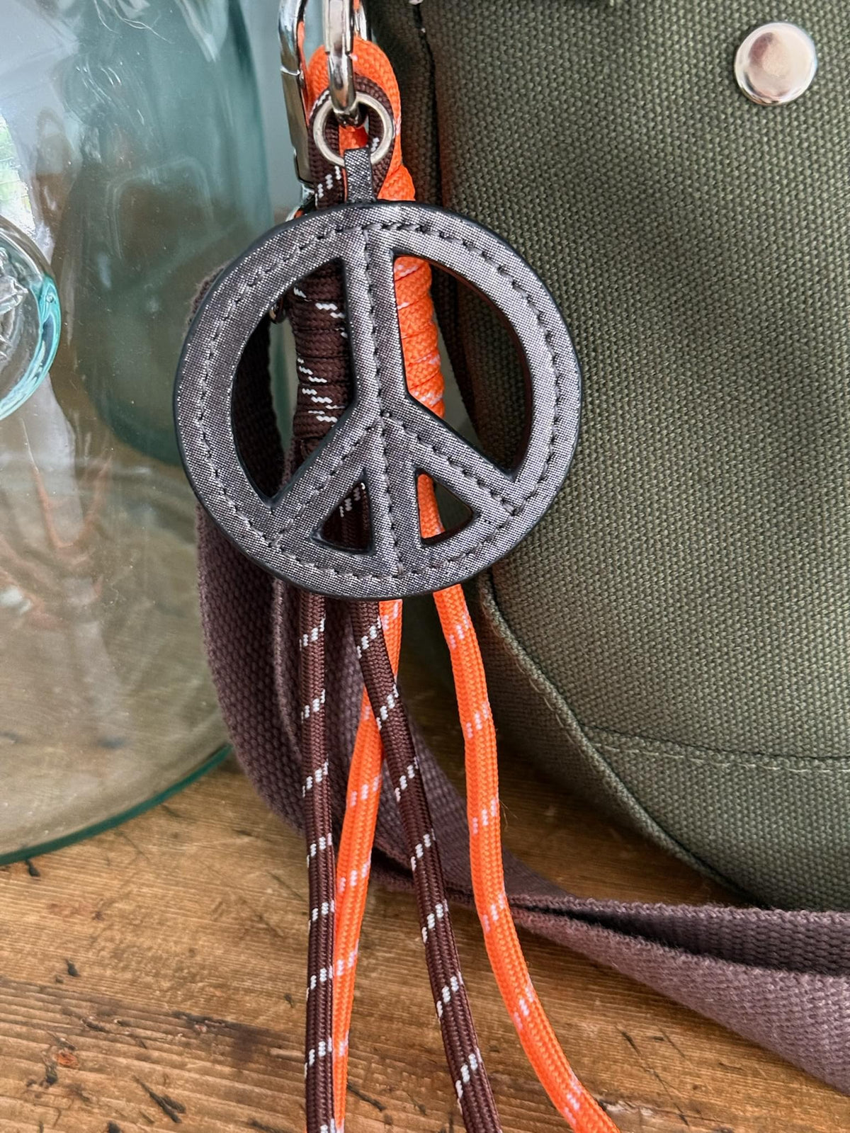 Paracord Bag Charm - Gunmetal Peace Charm with Brown & Orange - Quilted Koala