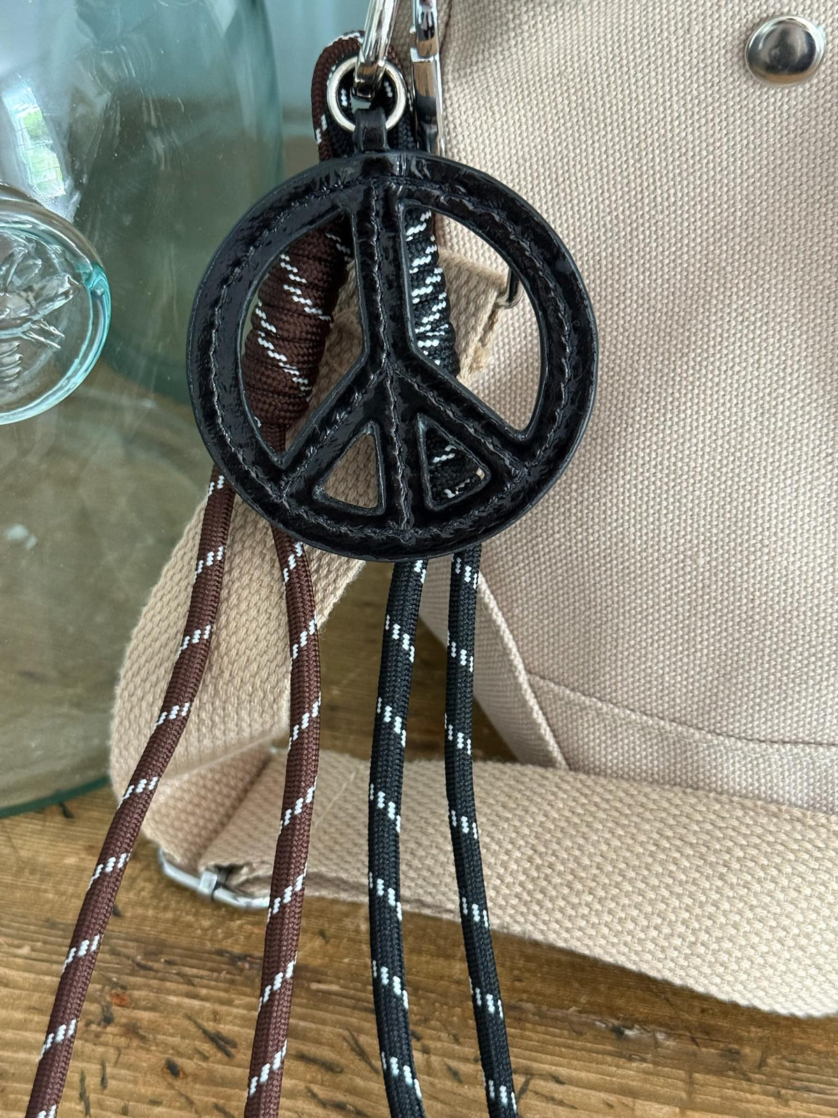 Paracord Bag Charm - Black Peace Charm with Black & Brown - Quilted Koala