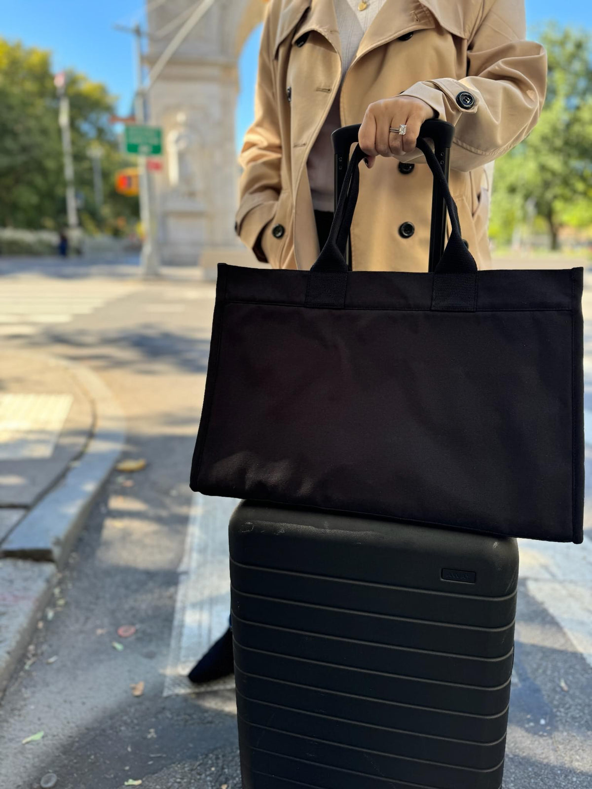 Anywhere Bag - Zip-Top Travel Tote with Trolley Sleeve (Black) with MONOGRAM STRIPE - Quilted Koala