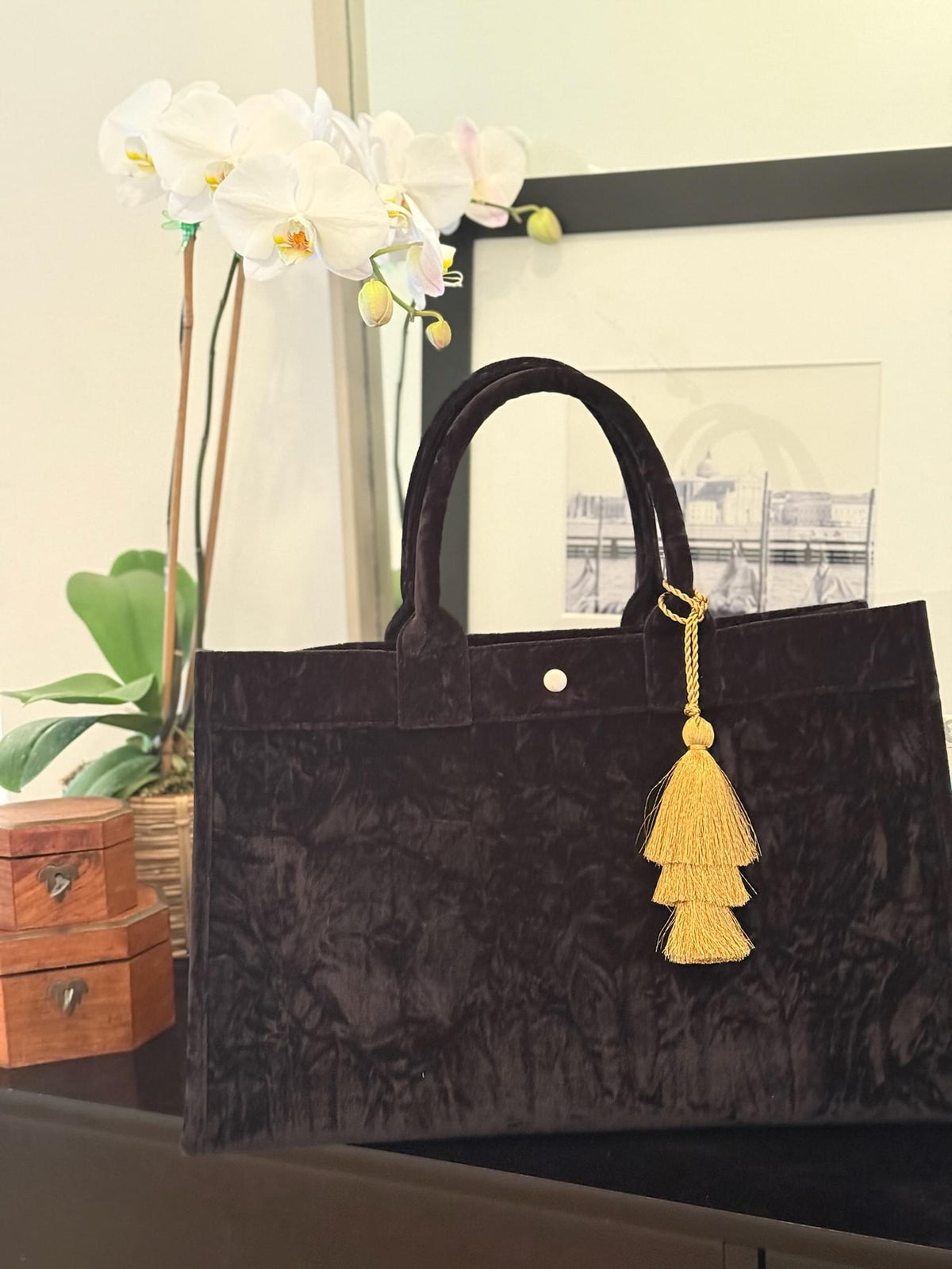 Black Velvet East West Bag + FREE Gold Tassel - Quilted Koala
