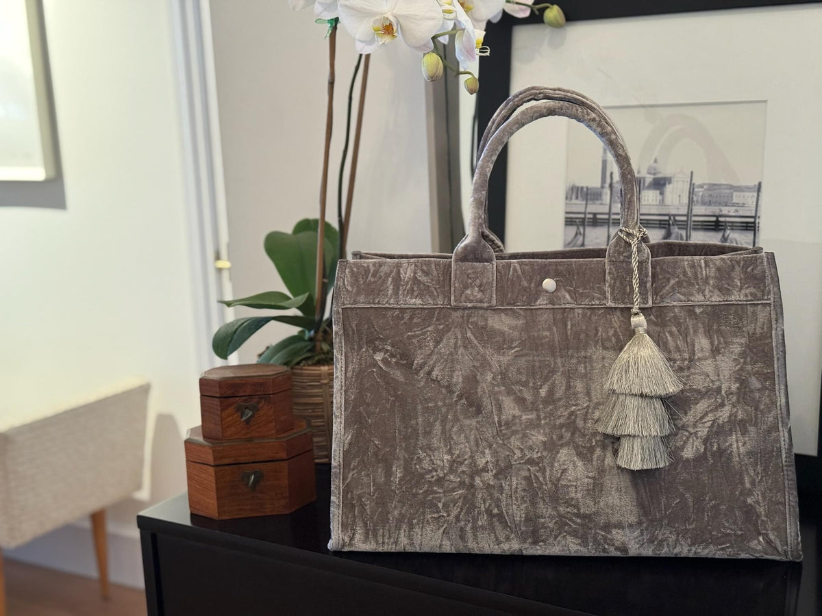Grey Velvet East West Bag + FREE Silver Tassel - Quilted Koala