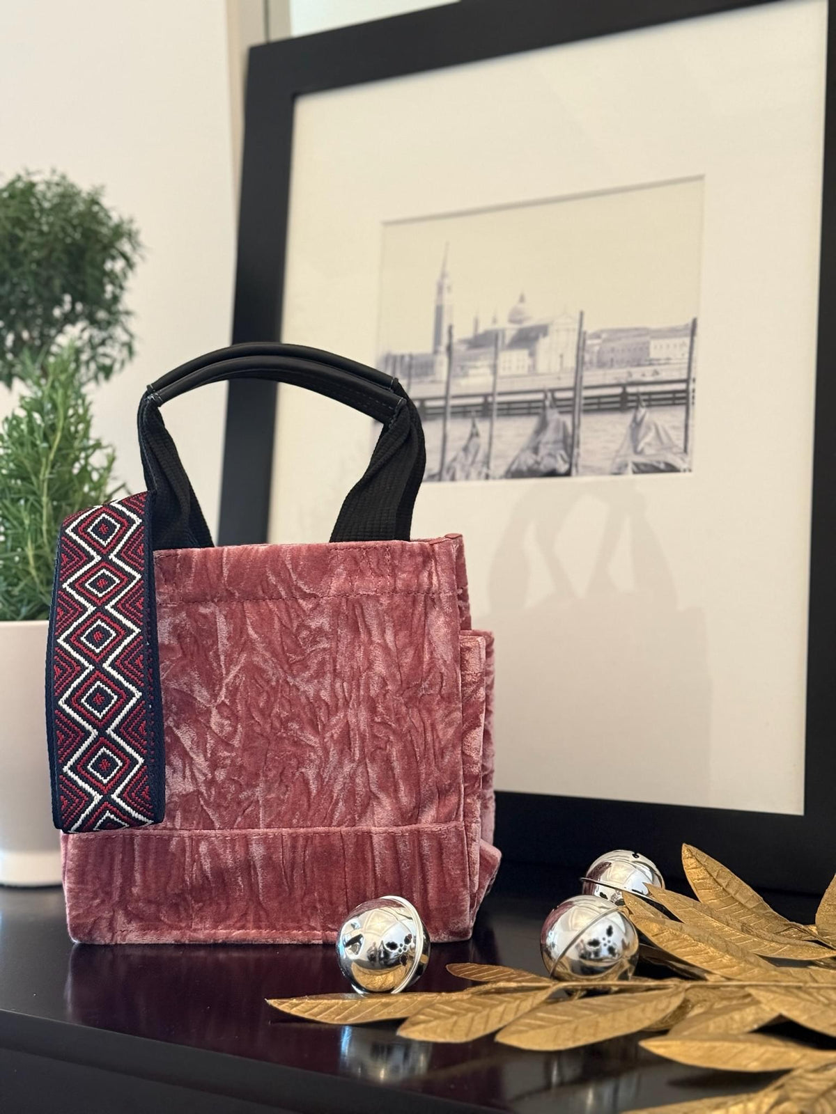 Pink Velvet Mini Luxe North South + FREE Navy/Wine Geo Strap - Quilted Koala