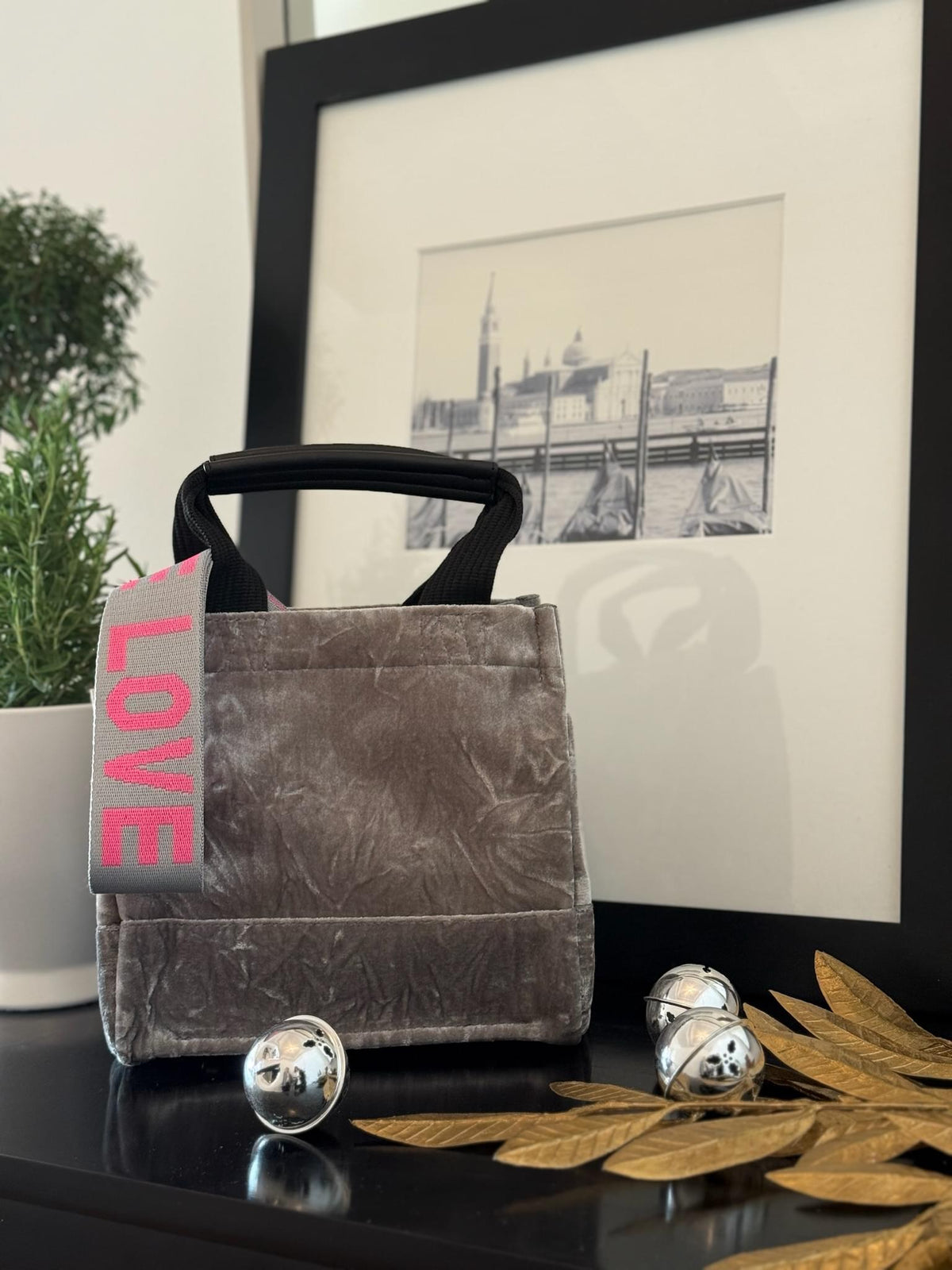 Grey Velvet Mini Luxe North South + FREE Pink/Grey PEACE LOVE Strap - Quilted Koala