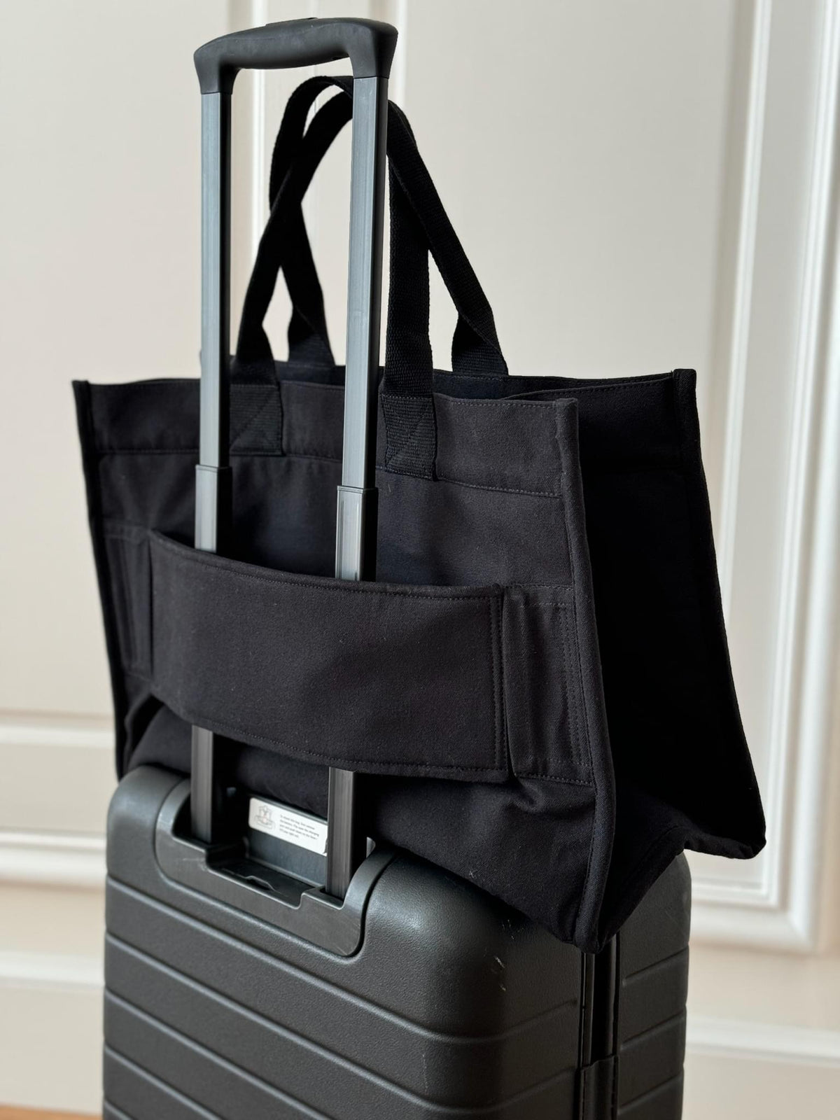 Anywhere Bag - Zip-Top Travel Tote with Trolley Sleeve (Black) with MONOGRAM STRIPE - Quilted Koala