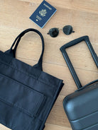 Anywhere Bag - Zip-Top Travel Tote with Trolley Sleeve (Black) with MONOGRAM STRIPE - Quilted Koala