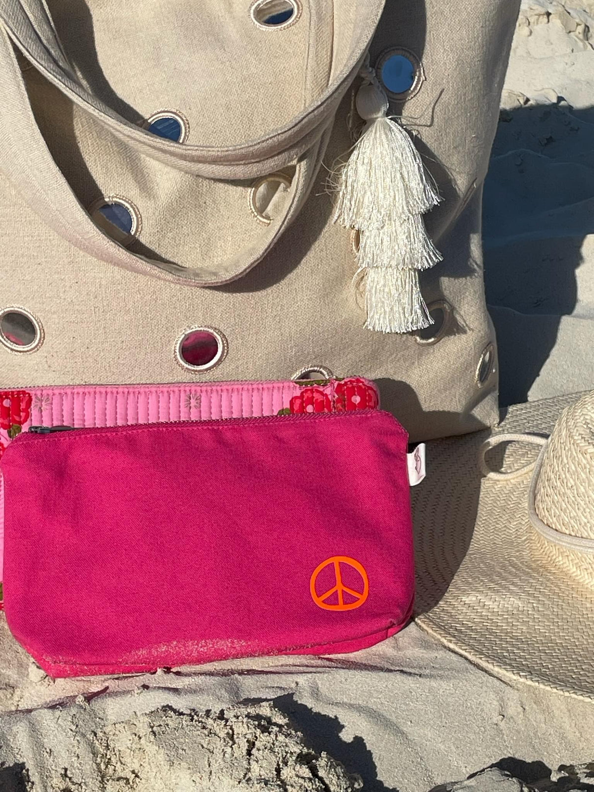 Pink Makeup Bag- Small Neon Orange Peace Sign - Quilted Koala