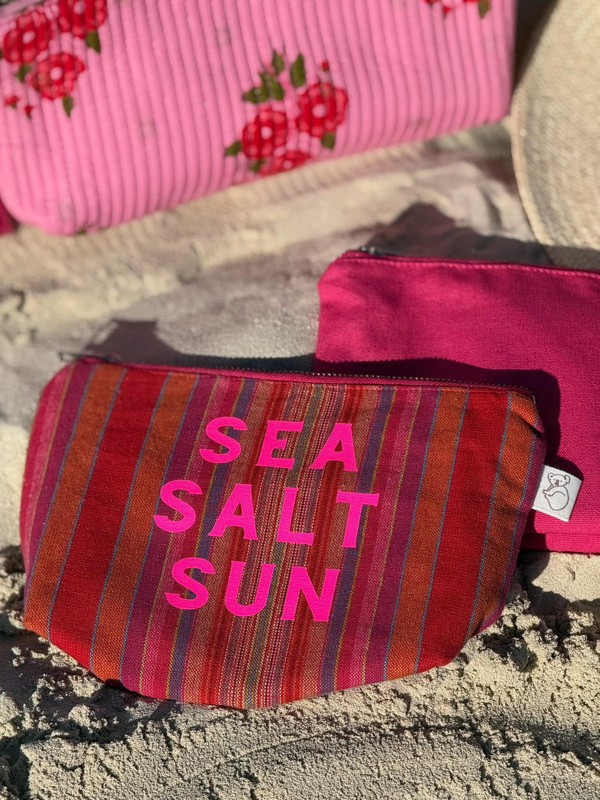 SEA SALT SUN Makeup Bag in Pink Happy Stripe - Quilted Koala