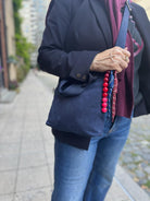 Midi Town Crossbody Bag: Navy Vegan Suede + Beaded Paracord Charm - Quilted Koala
