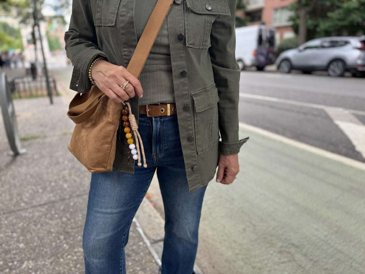 Midi Town Crossbody Bag: Mocha Vegan Suede + Beaded Paracord Charm - Quilted Koala