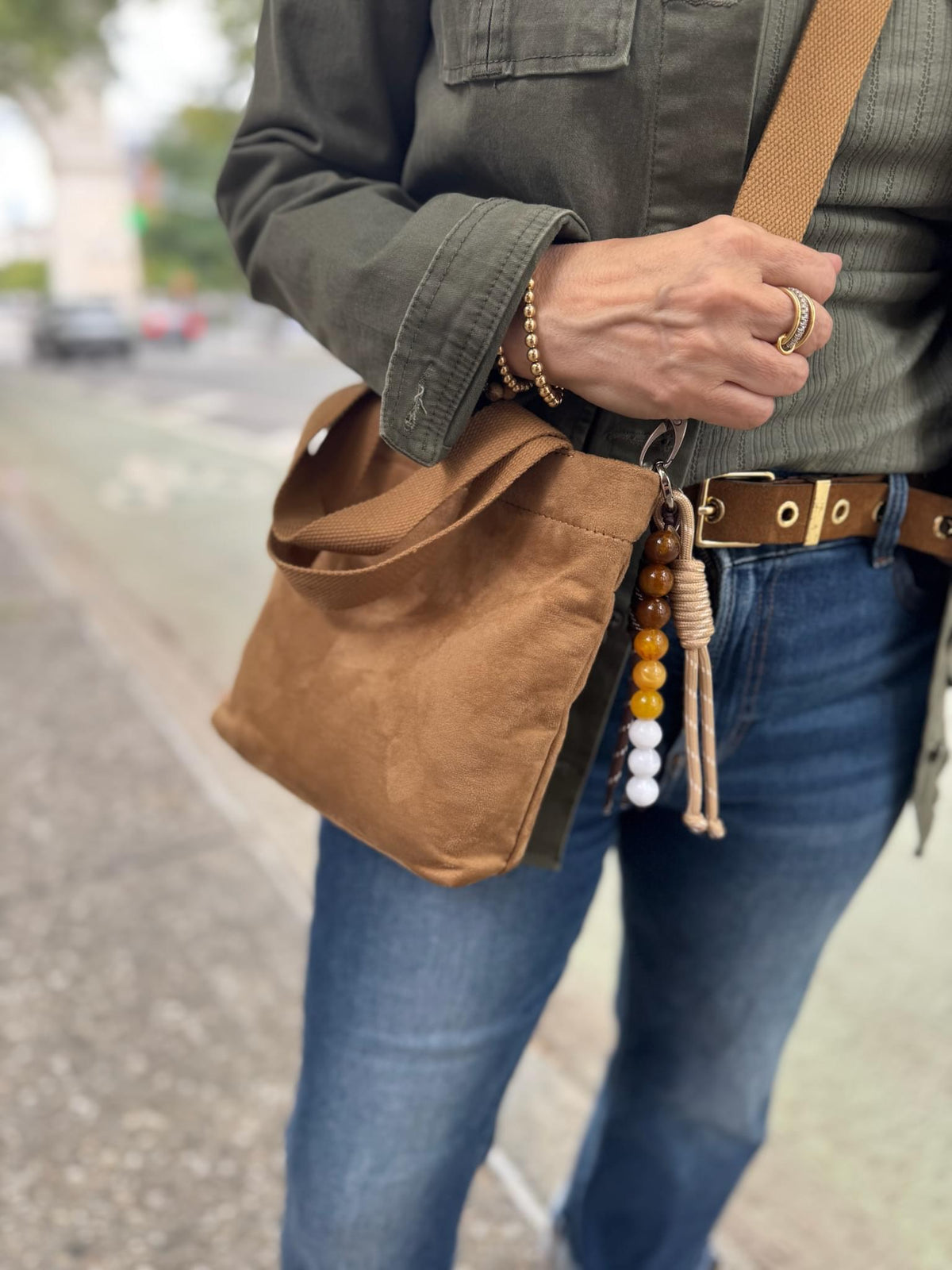 Midi Town Crossbody Bag: Mocha Vegan Suede + Beaded Paracord Charm - Quilted Koala