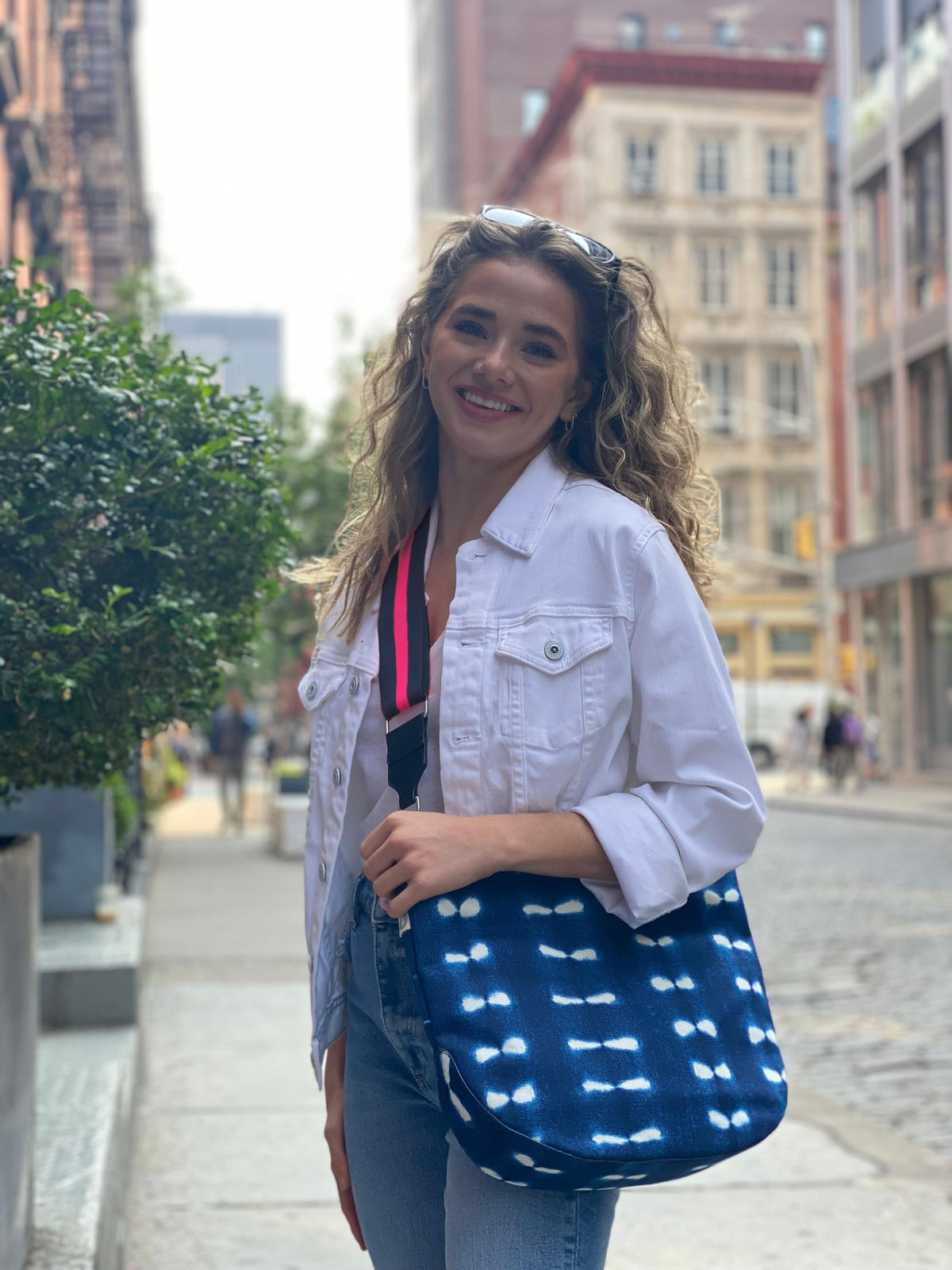 Blue Shibori City Bag with Navy and Pink Strap - Quilted Koala
