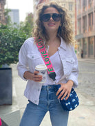 Blue Shibori Mini City Bag with Pink/Green LOVE Stripe Strap - Quilted Koala