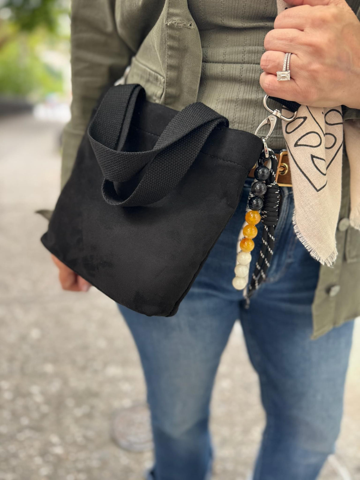 Midi Town Crossbody Bag: Black Vegan Suede + Beaded Paracord Charm - Quilted Koala