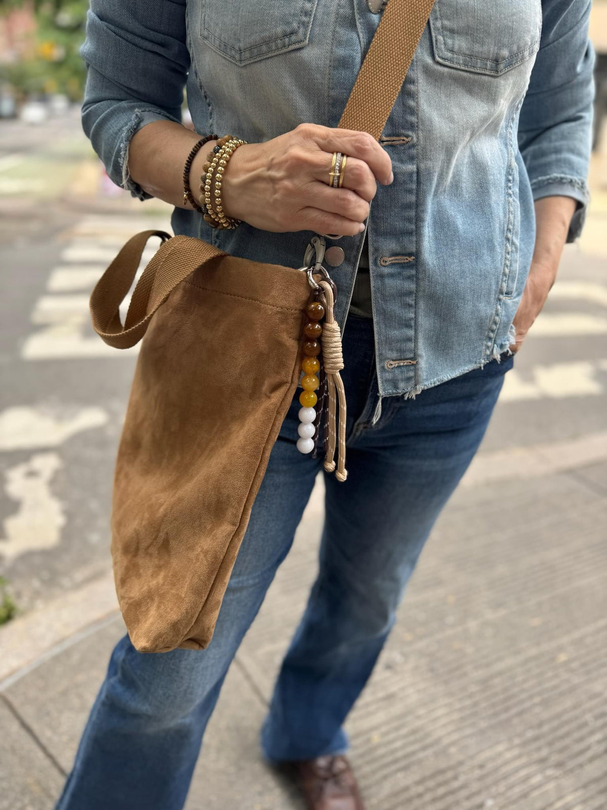 Town Crossbody Bag: Mocha Vegan Suede + Beaded Paracord Charm - Quilted Koala