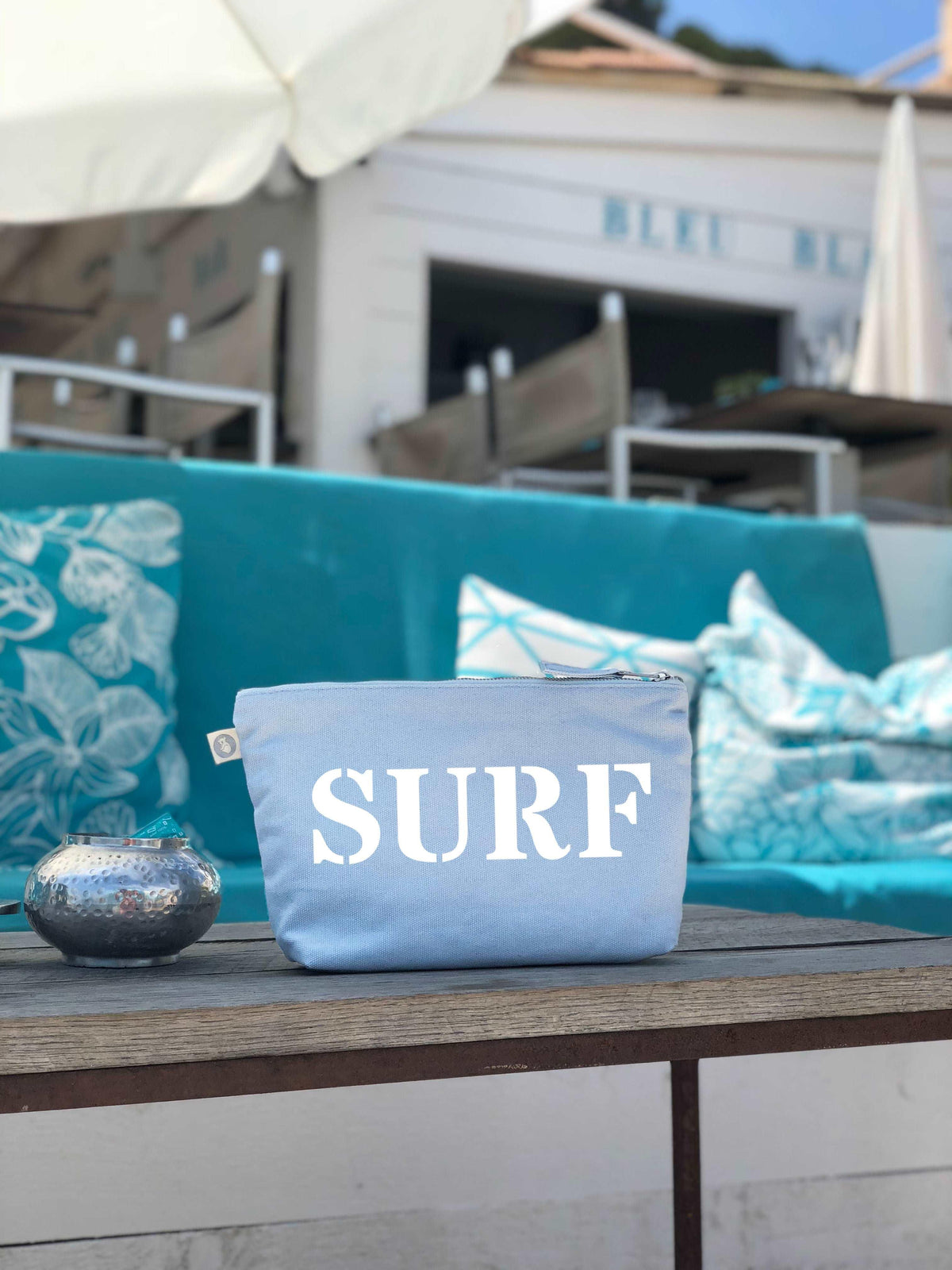 Clutch Bag: Sky Blue with White Matte SURF - Quilted Koala