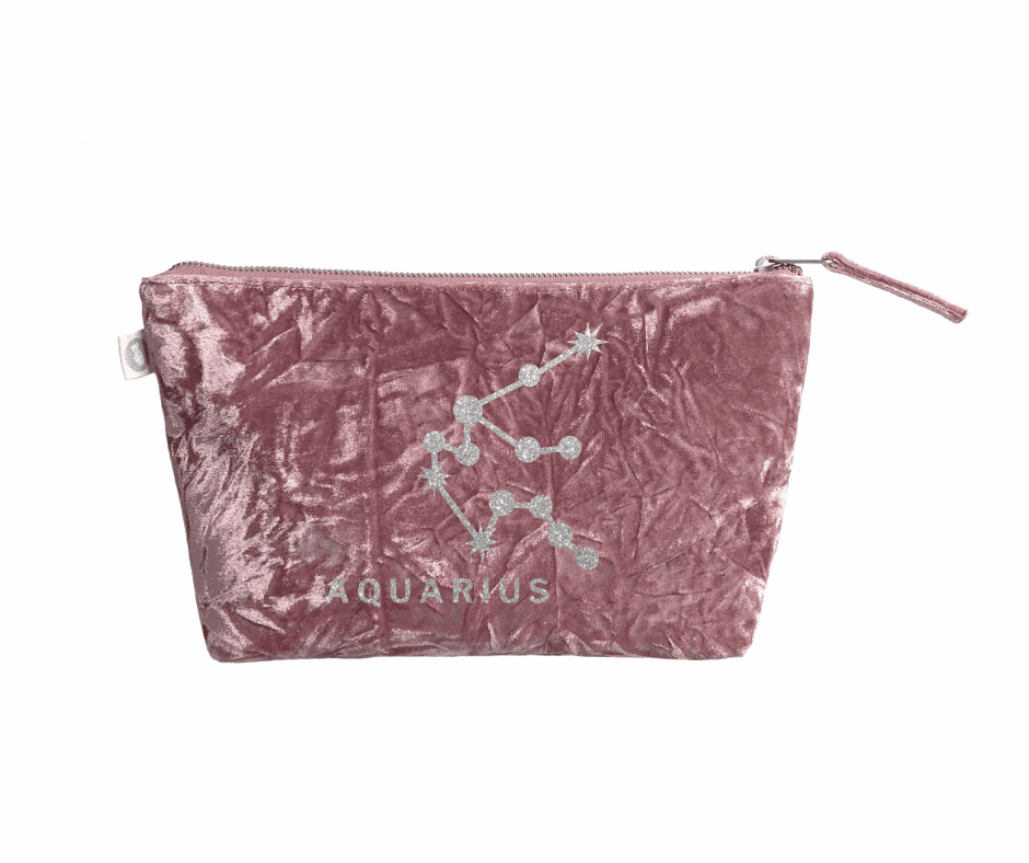 Zodiac Pink Crushed Velvet Large Makeup Bag - Aquarius - Quilted Koala
