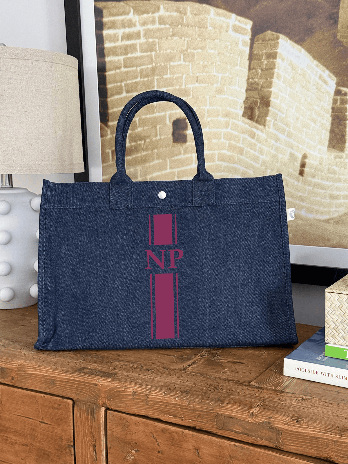 East West Bag: Denim with Wine Monogram Stripe - Quilted Koala