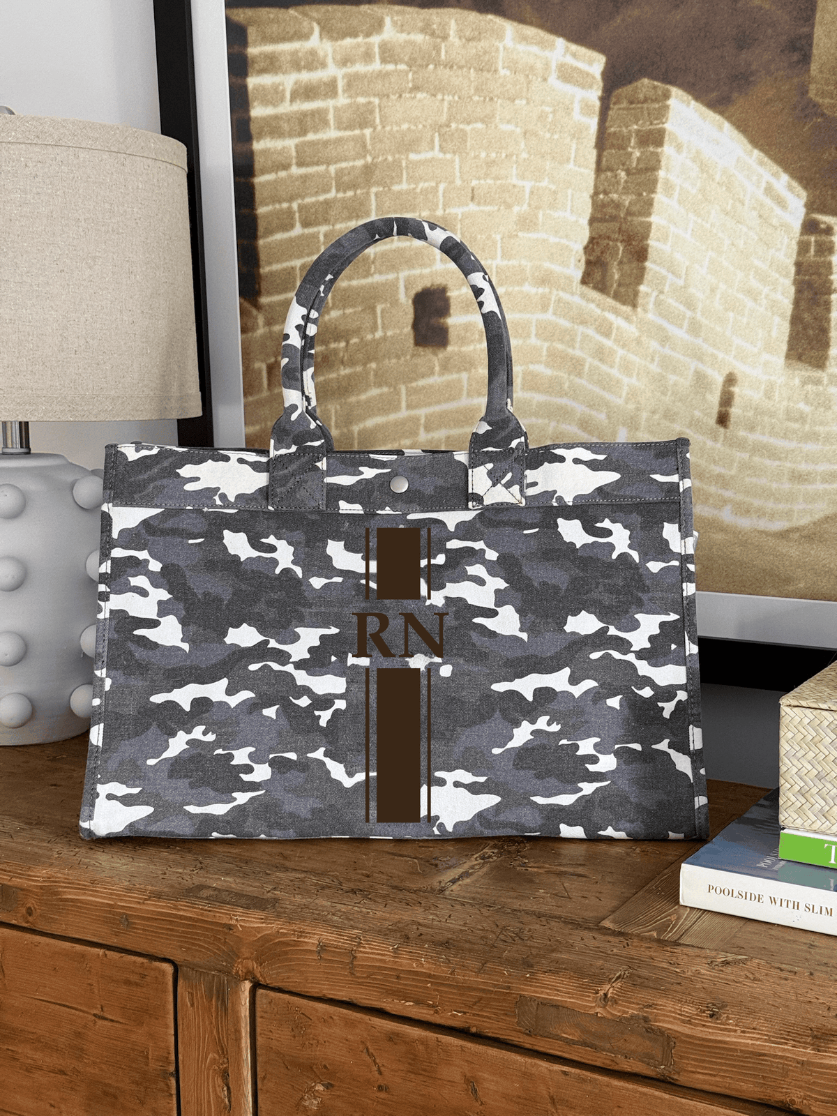 East West Bag: Grey Camo with Chocolate Brown Monogram Stripe - Quilted Koala