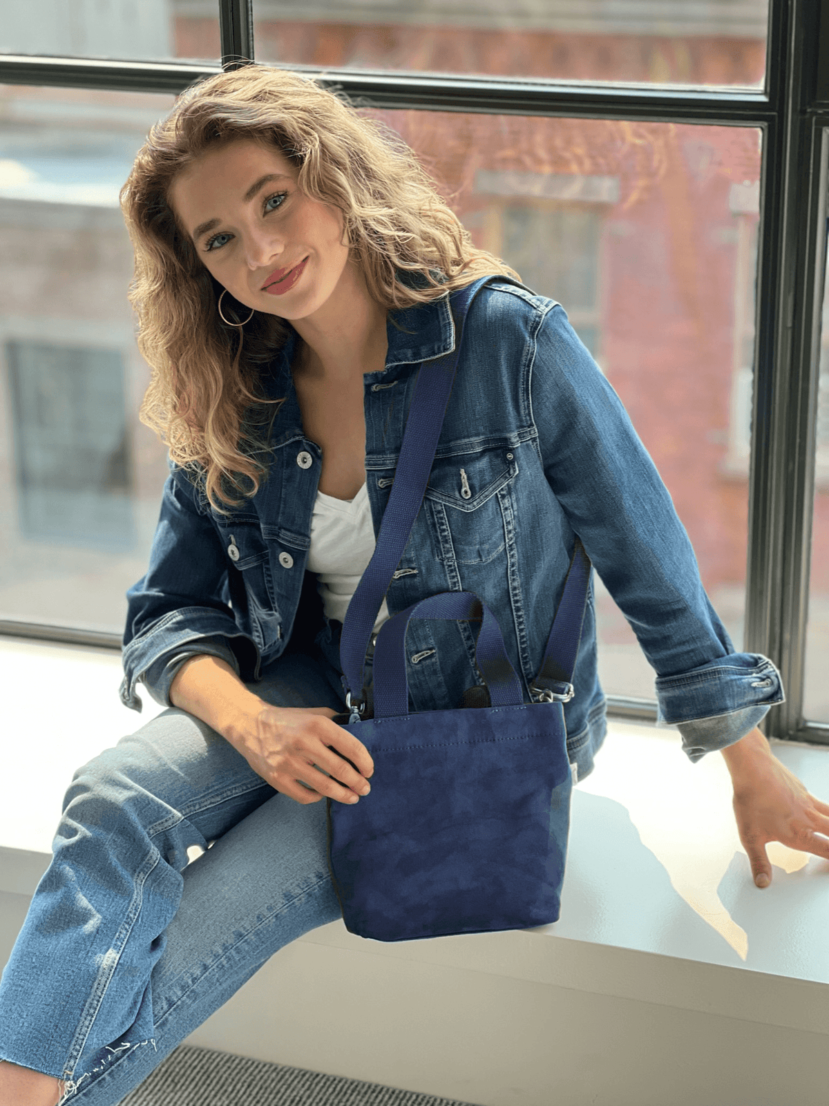 Midi Town Crossbody Bag: Navy Vegan Suede - Quilted Koala