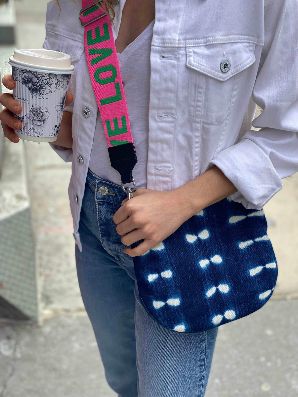 Blue Shibori Mini City Bag with Pink/Green LOVE Stripe Strap - Quilted Koala