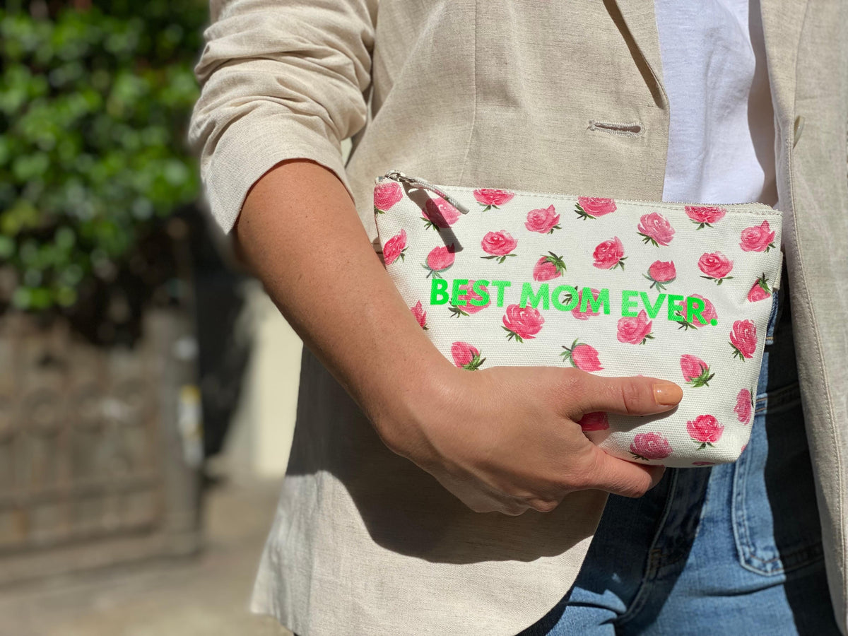 Makeup Bag White Floral with Neon Green Best Mom Ever - Quilted Koala