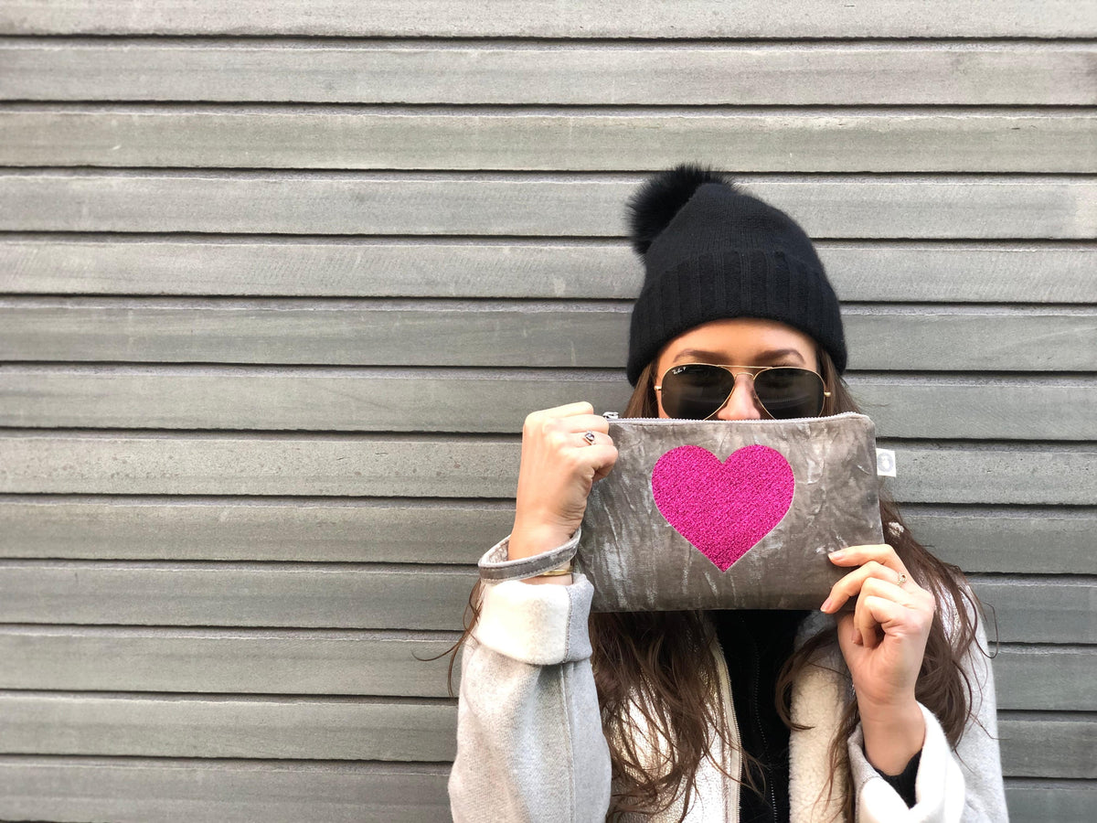 Mini Luxe Clutch with Wristlet: Grey Crushed Velvet - Quilted Koala