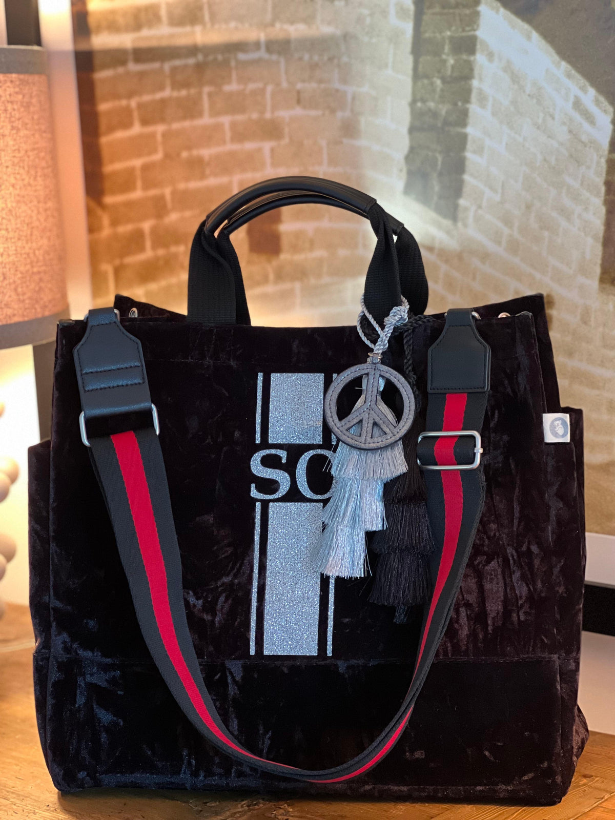 Monogram Stripe Luxe North South: Black Crushed Velvet - Quilted Koala