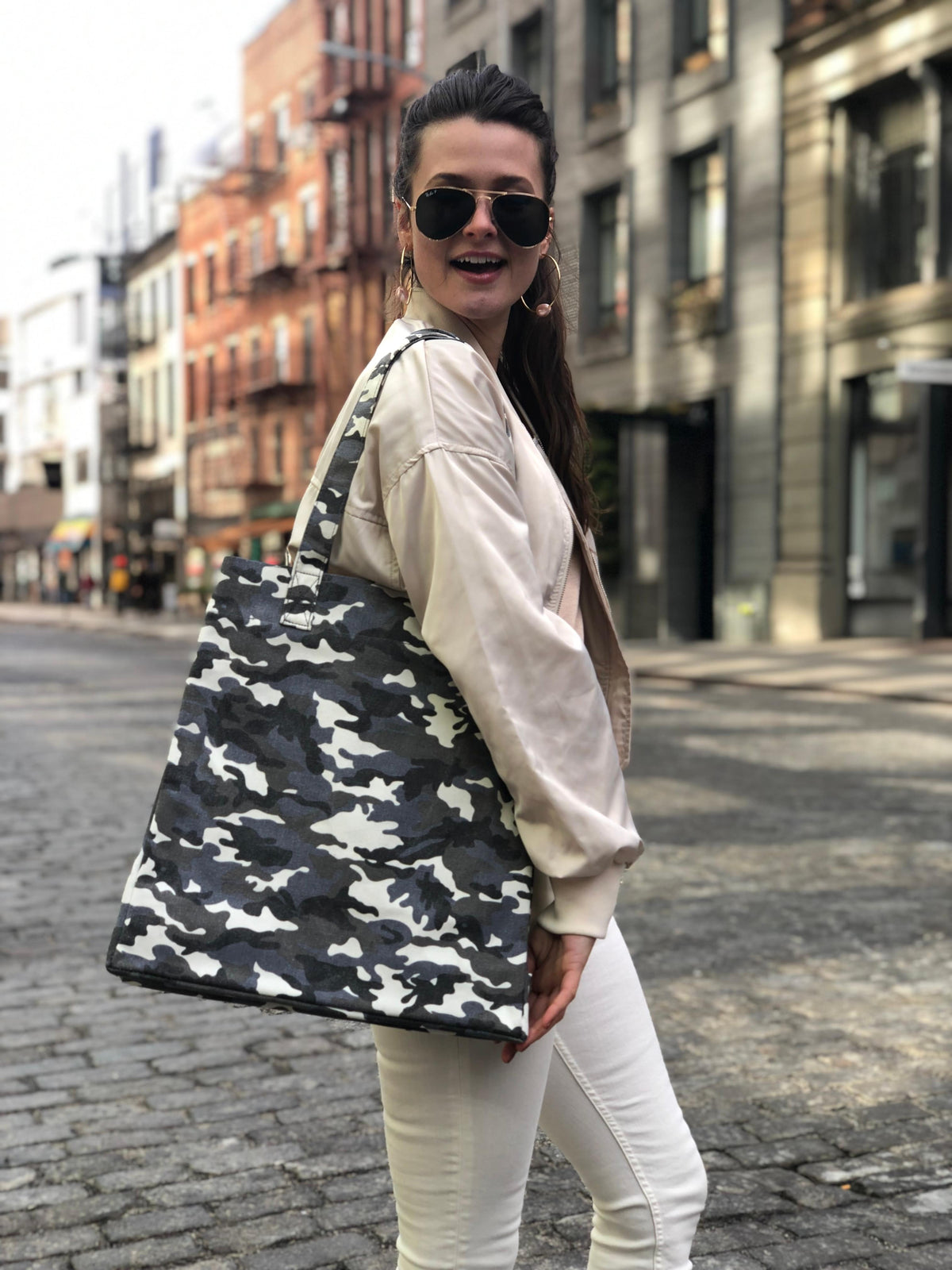 Grey Camo Upright Bag with FREE Black Pom Poms - Quilted Koala